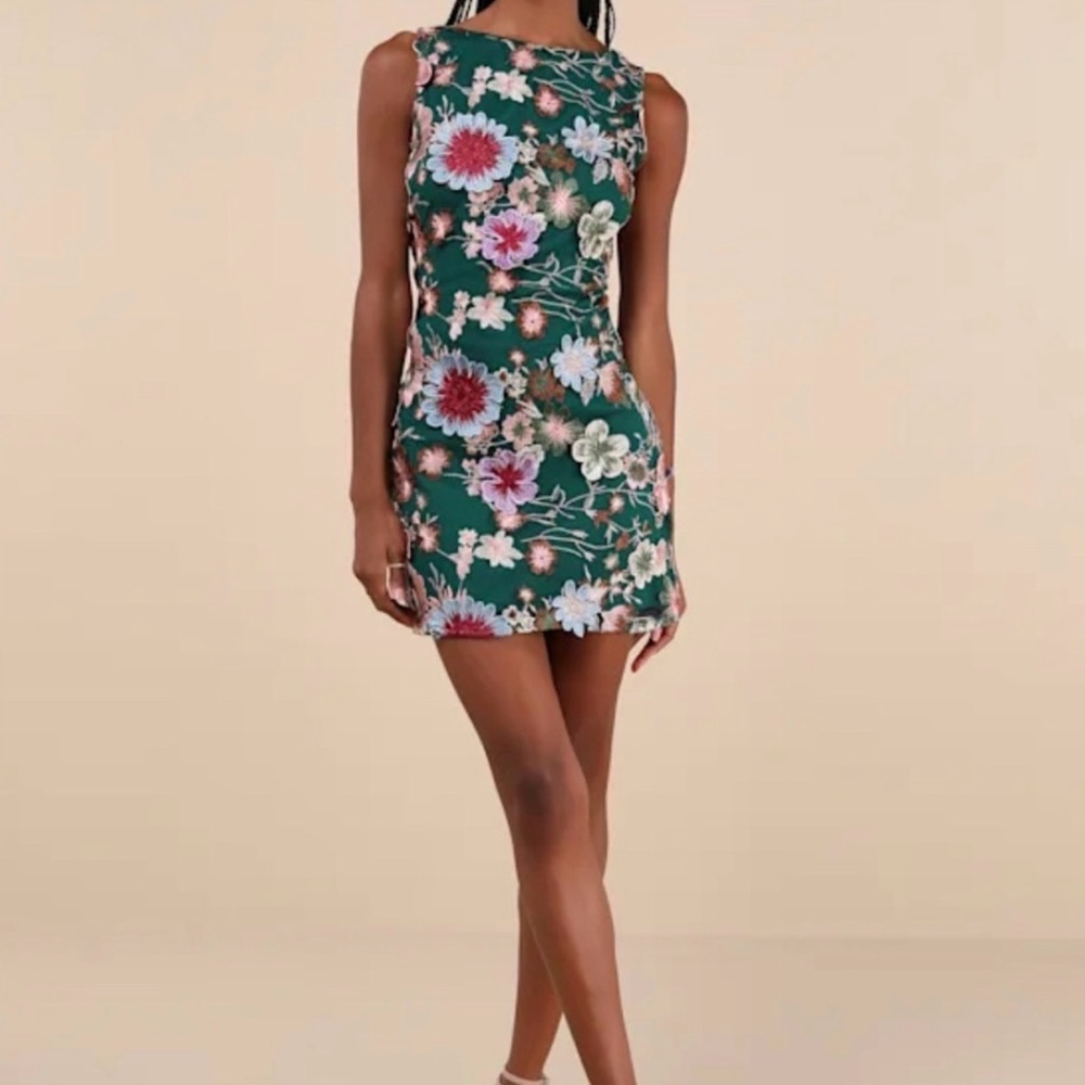 NWT Lulu’s Special Something Green 3D Floral Embroidered Mini Dress